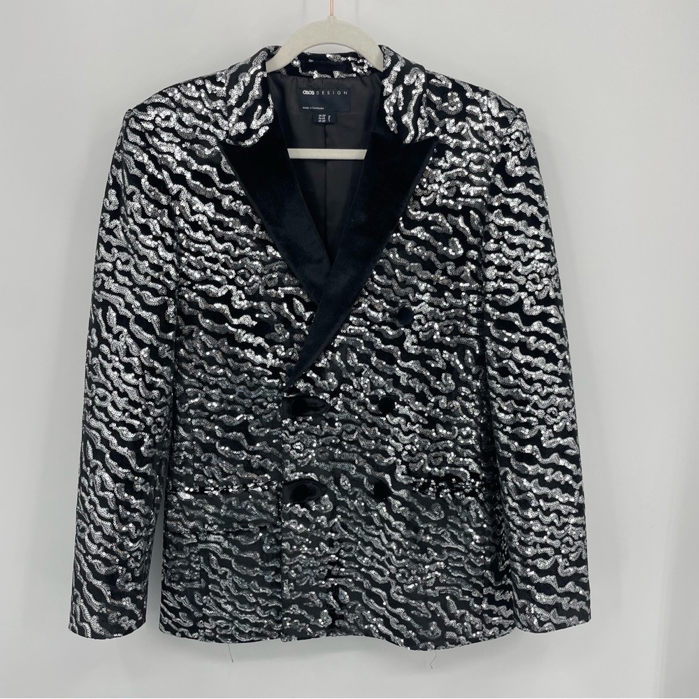 ASOS DESIGN super skinny black velvet sequin suit jacket in silver